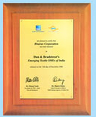 Dun & Bradstreet and SMERA award plaque certifying Bhairav Corporation as one of Dun & Bradstreet's Emerging Textile SMEs of India