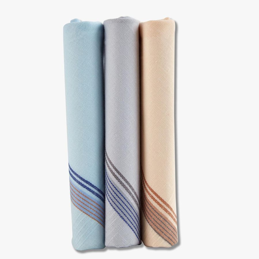 Three coloured handkerchiefs with blue, grey and brown stripes