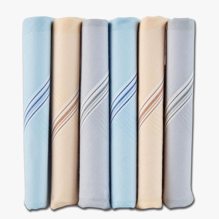 Six QPANT cotton handkerchiefs rolled in sky blue, peach and grey with woven border stripes