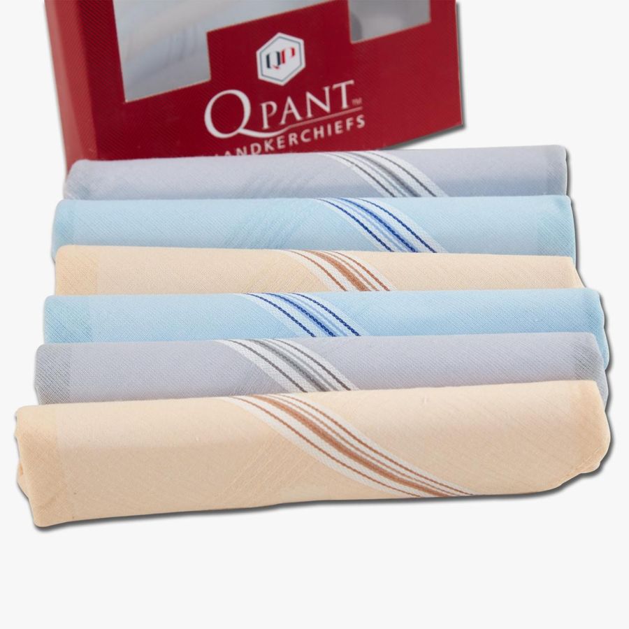 Stack of coloured QPANT handkerchiefs in front of the box
