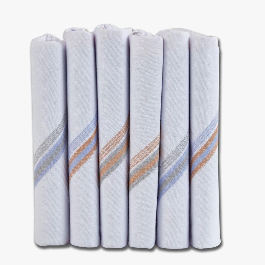 Six white handkerchiefs with pastel woven stripes